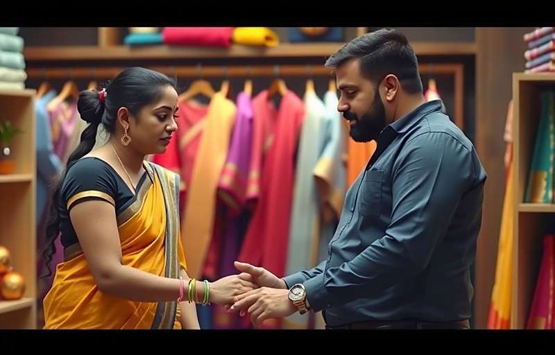Saree Shop Sprint Customer Interaction Saree Shop Sprint customer interaction scene showing a player assisting a customer with saree selection and negotiation