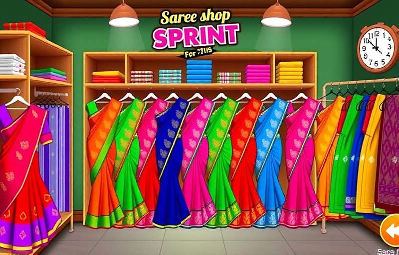 Saree Shop Sprint Gameplay Saree Shop Sprint gameplay screenshot showing a player helping customers choose from a variety of colorful sarees in a traditional Indian shop setting