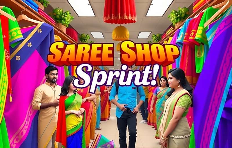 Saree Shop Sprint Official Cover Vibrant Saree Shop Sprint game cover showing colorful traditional Indian sarees in a busy shop with customers